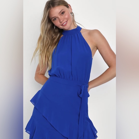 Lulu’s Iconic Cobalt Ruffled Halter Maxi Dress. Size M. - Picture 2 of 5
